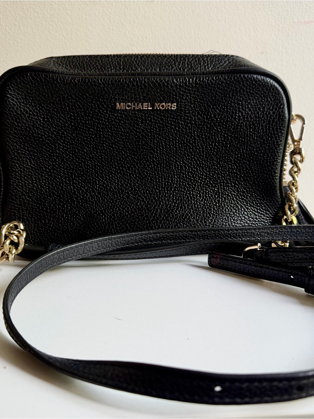 Michael Kors Black Pebbled Leather Camera Crossbody with Gold Hardware